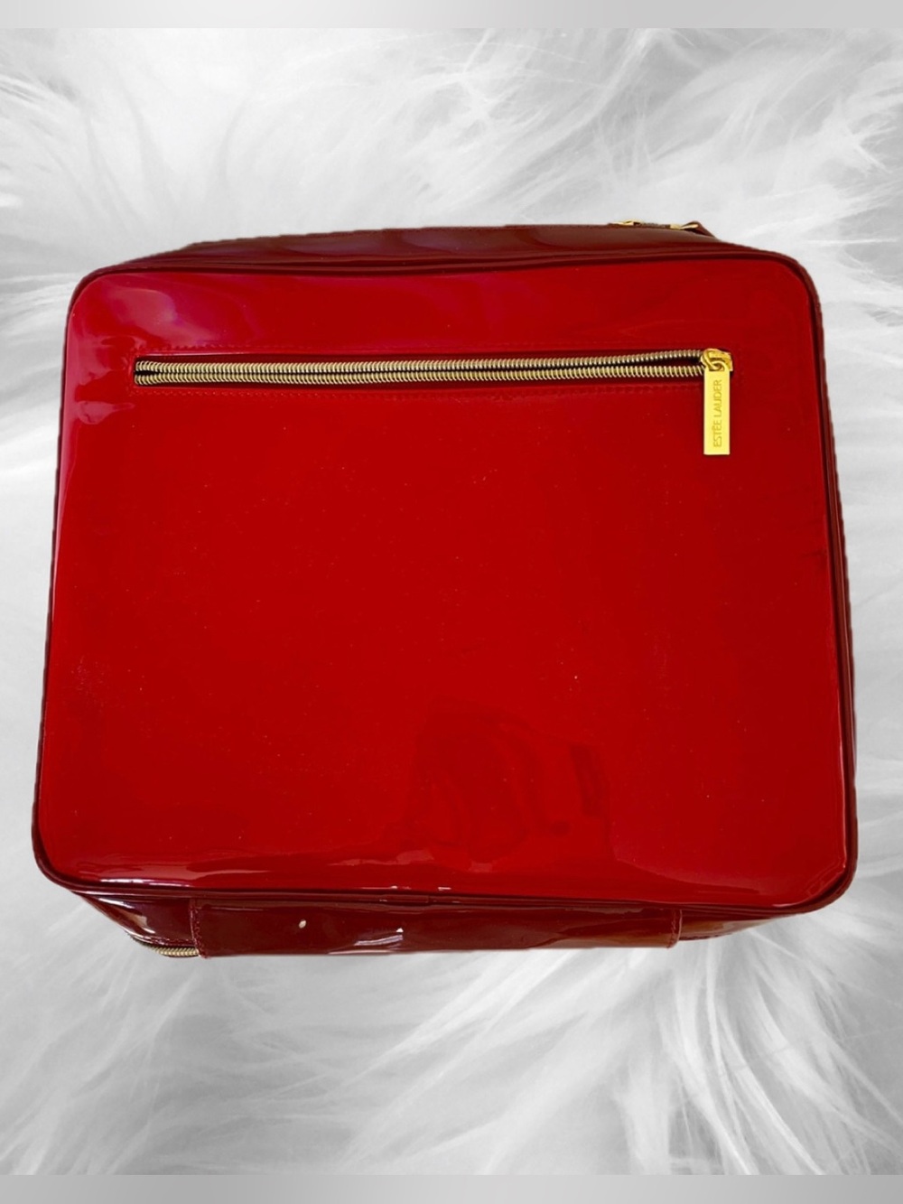 Estee Lauder Sleek Glossy Red Train Cosmetic Vanity Travel Case w/Gold Hardware